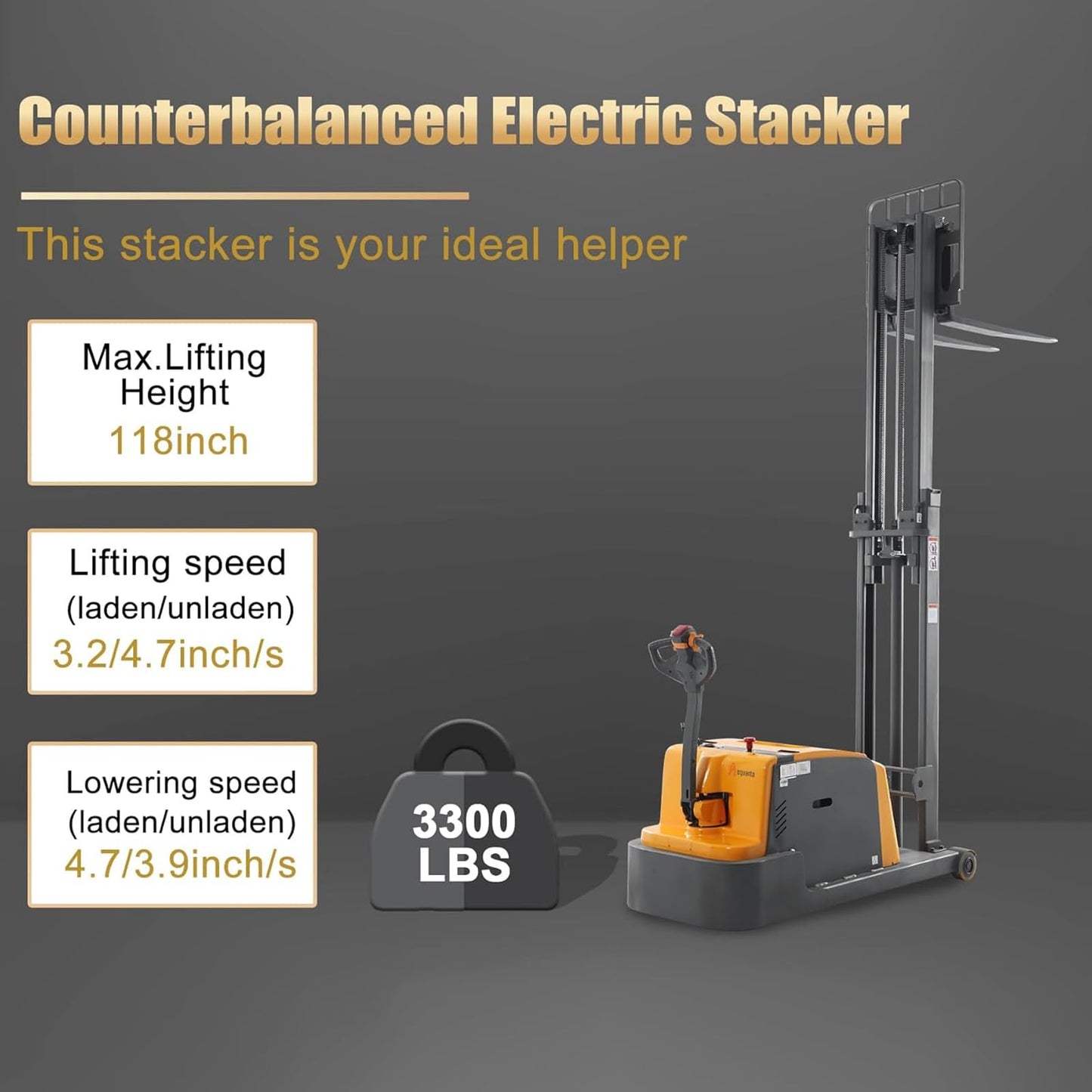 Aequanta Full Electric Counterbalanced Stacker 3300lbs Capacity, 118" Lifting Height Walkie Stacker, Powered Drive and Lift Forklifts