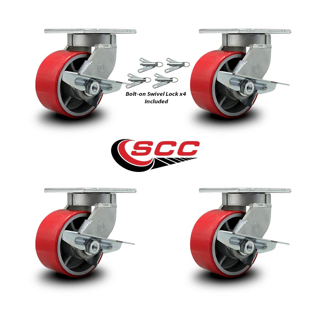 Extra Heavy Duty 6” x 3” Red Poly on Cast Iron Swivel Caster Set for Cranes, Gantries, Hoists, and Winches-4 Swivel with Brakes and Bolt-On Locks-2,000 lbs Per Caster-Set of 4- Service Caster Brand