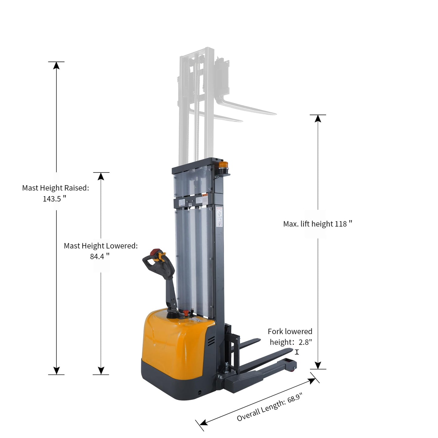 APOLLOLIFT Fully Powered Drive and Lift Electric Stacker with Straddle Legs 3300 lbs Capacity 118" Lift Height, Adjustable Forks Material Lift
