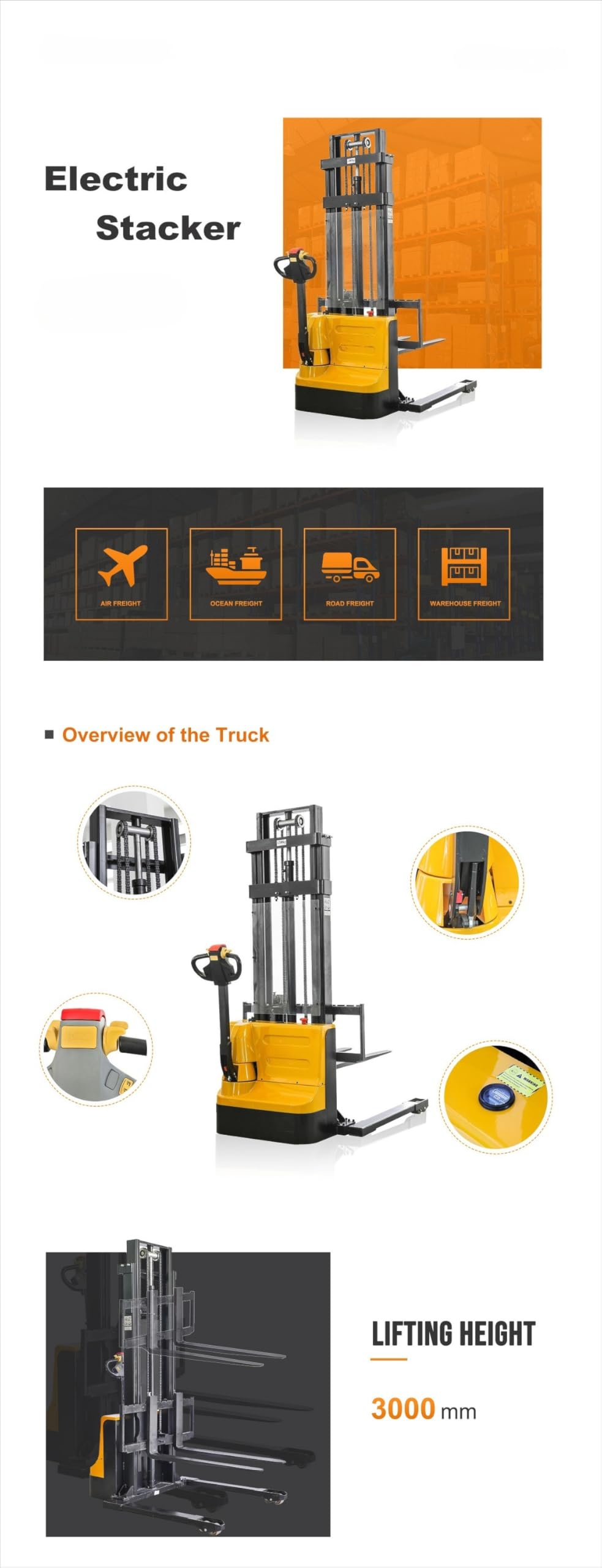 Automated Warehouse Stacker, Semi Electric Portable Self-Loading Stackers Pallet, 3000mm Lifting Height, 1150mm Fork Length, PU Wheels, Outdoor and Indoor Pavement Use