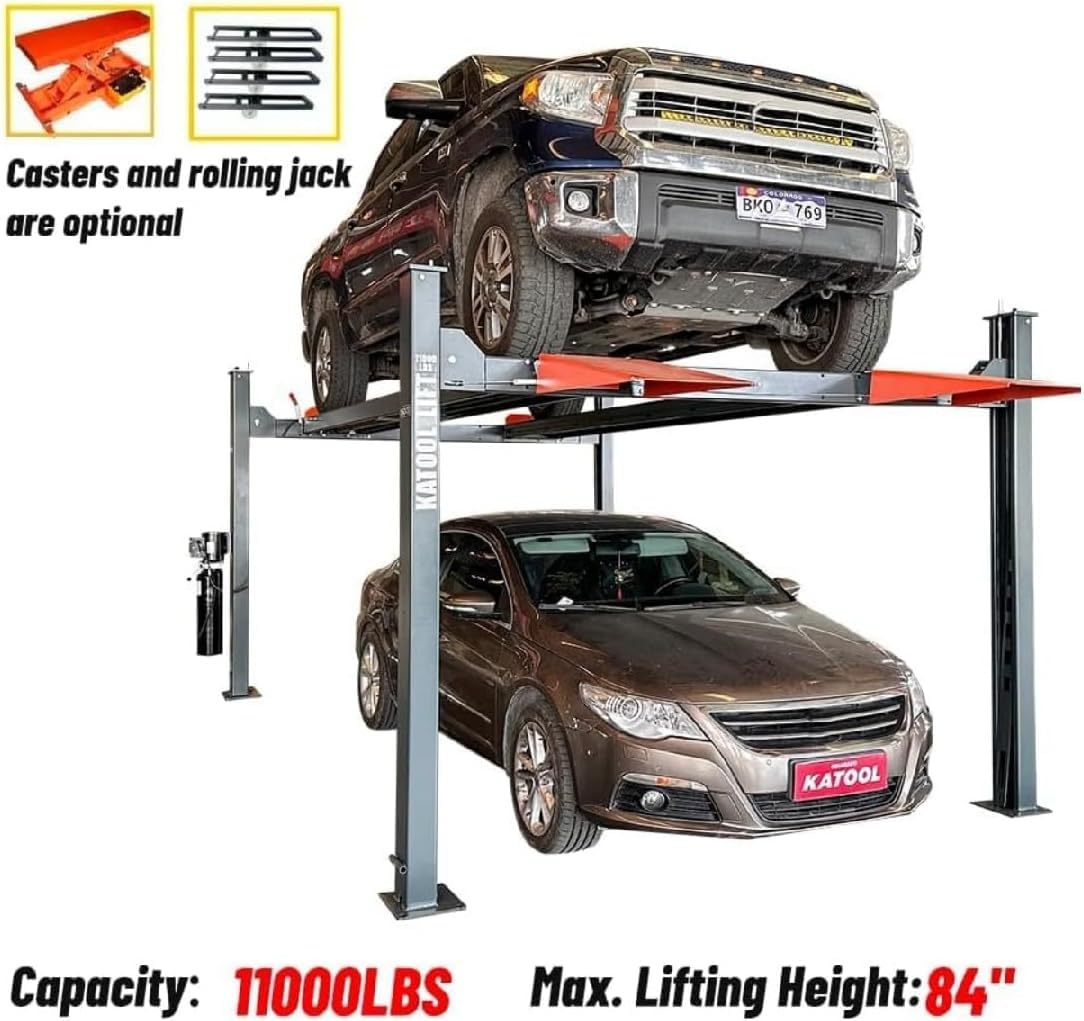 KT-4H110 11,000 Lbs 3.0HP 110V 4 Post Car Lift Heavy Duty Four Post Parking Storage Service Car Lift，84.5” Max Height Extra Tall Extra Wide Hydraulic System