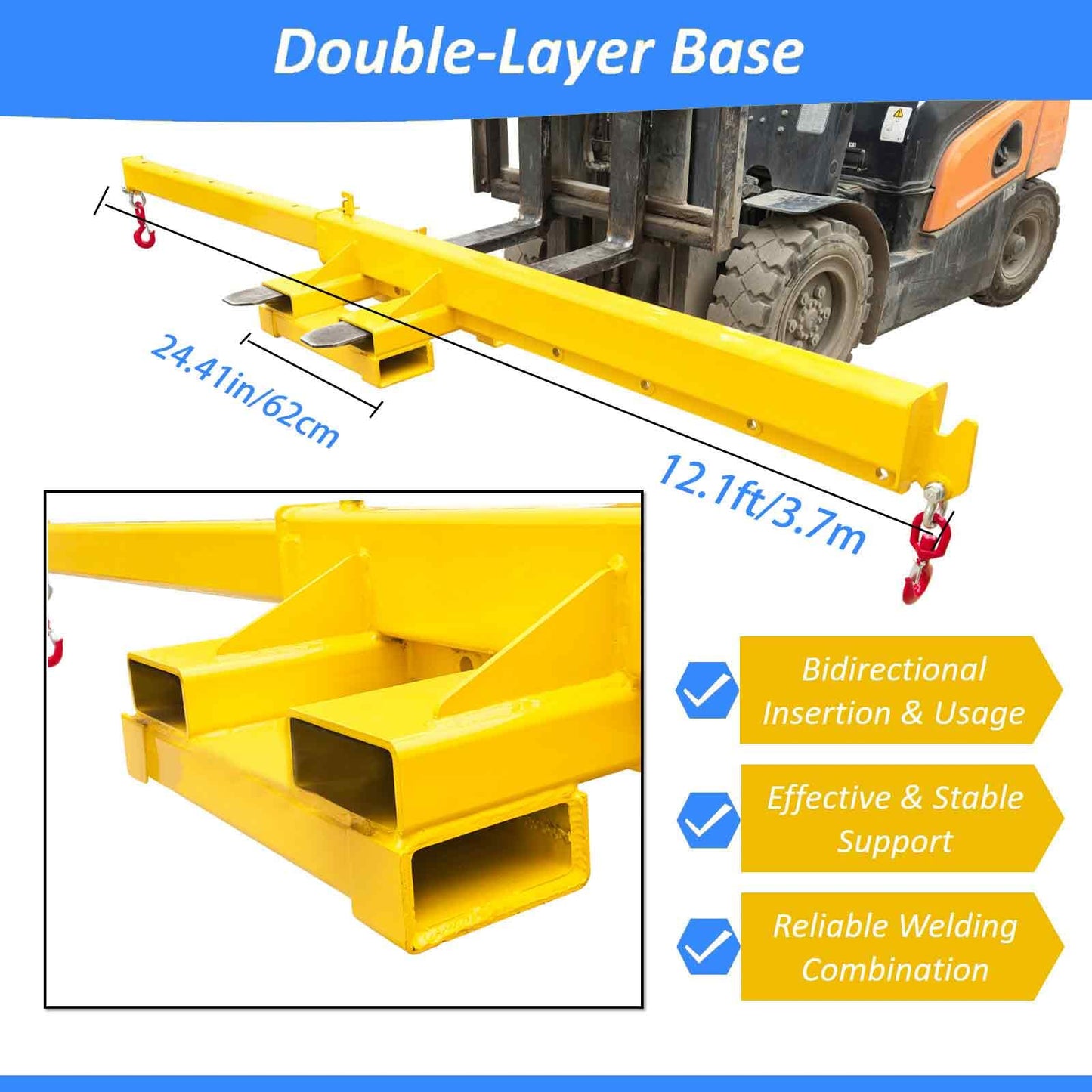 BEILOCKERY Forklift Jib Crane 6600lbs/3 Ton Capacity, Telescopic Boom with Transverse & Longitudinal Direction, Adjustable Mobile Hoist with Truss Boom & 2 Hooks, Max Reach 145.2 Inches