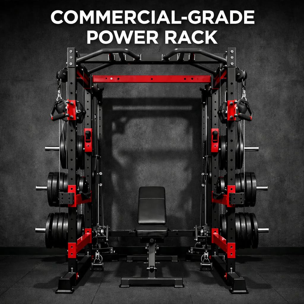 Ckajuoau Smith Machine Black and Red, 3500 lbs Capacity, Alloy Steel and Aluminum, 68" W x 65" D x 90" H, Dual 176 lb Weight Stacks with Cable Crossover