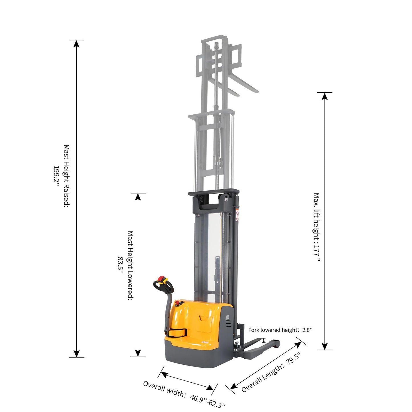 Tory Carrier Full Electric Walkie Pallet Stacker with Straddle Legs Material Lift 177” Height 3300lbs Capacity