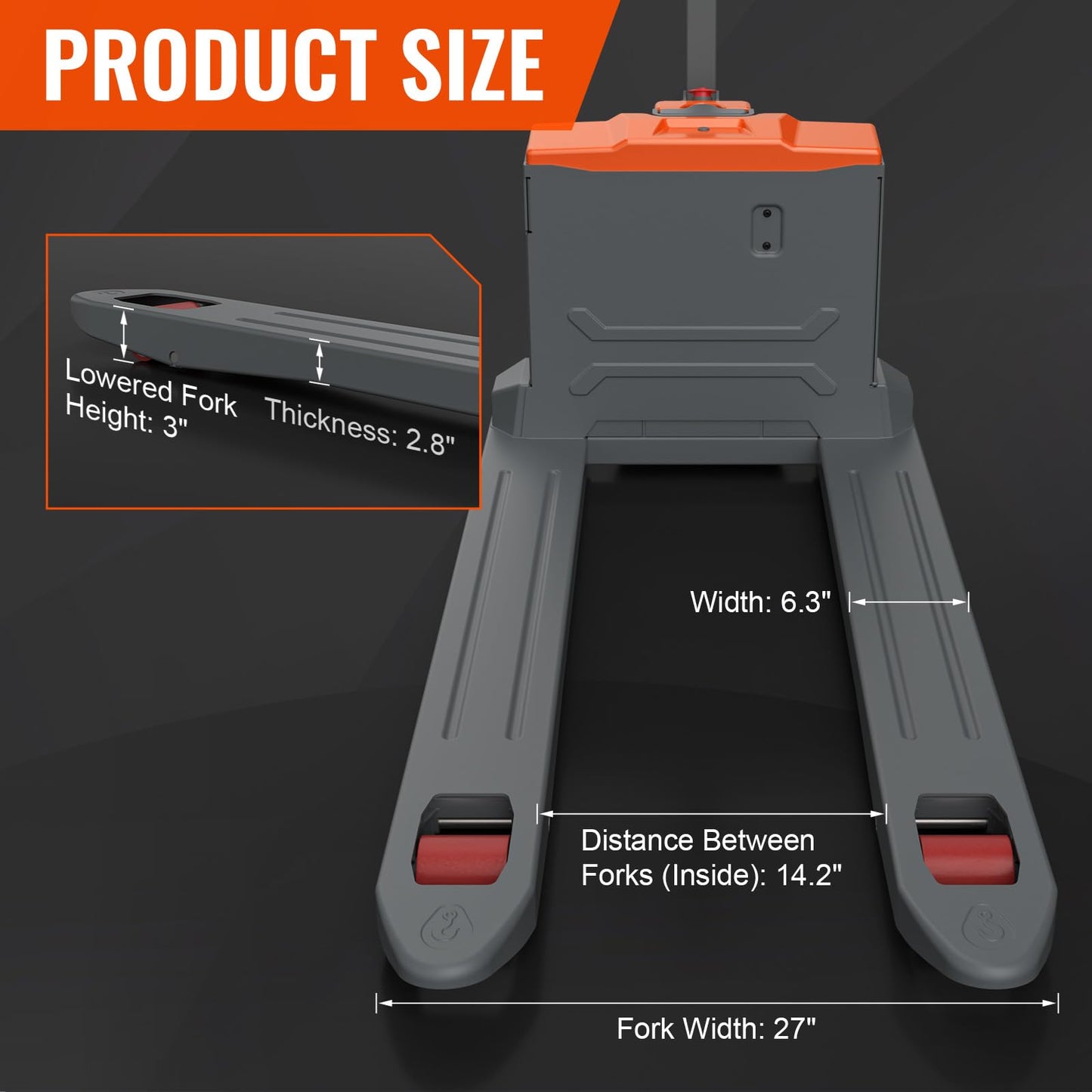 T Tory Carrier Electric Pallet Jack Truck 3300lbs Capacity Lithium Electric Pallet Trucks 48" x27" Forks Li-ion Battery Lift for Narrow Spaces, Easy Battery Replacement-Orange