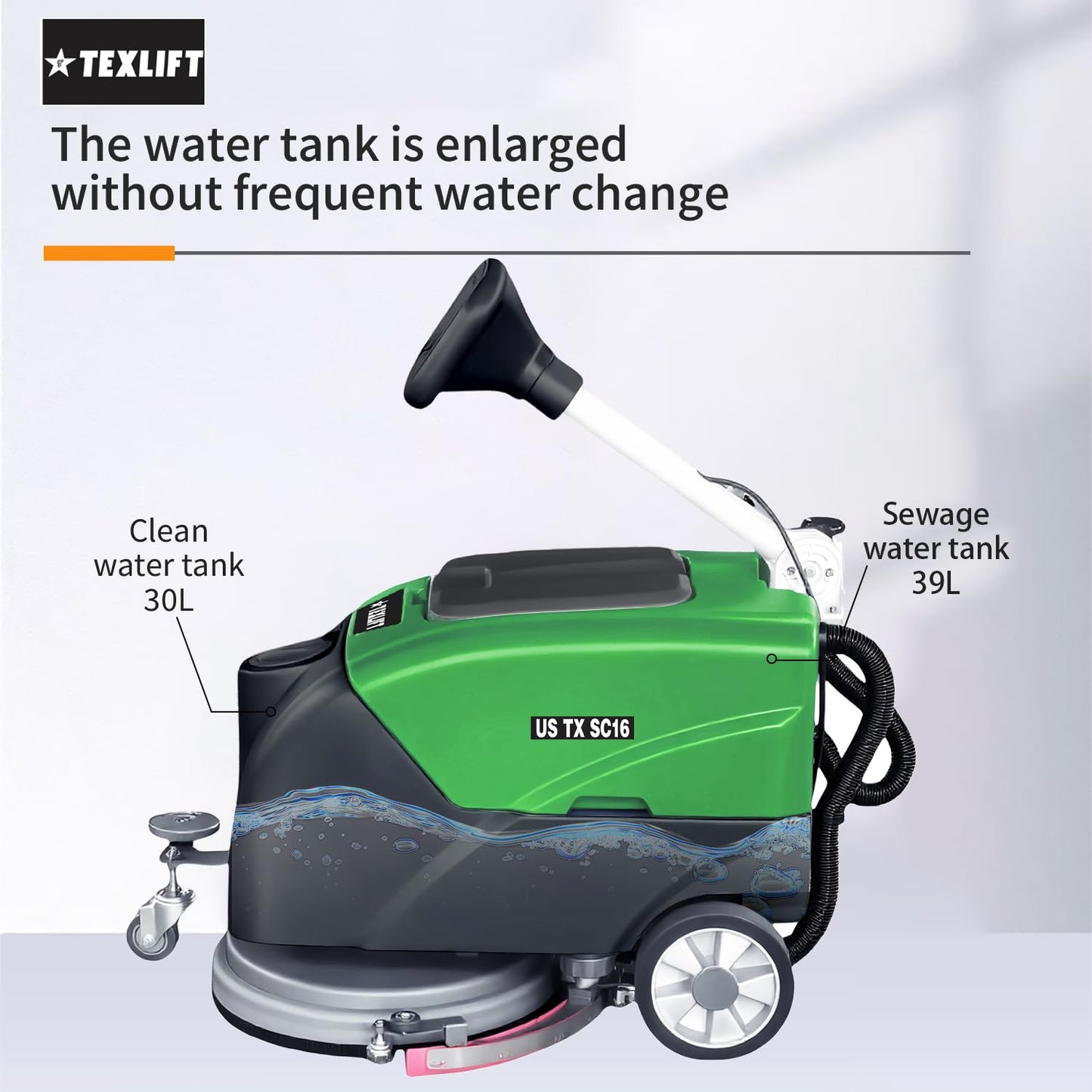 Walk-Behind Commercial Floor Scrubber Machine, 16″ Cleaning Width, Battery Powered Scrubber Dryer with 9 Gal Tank for Warehouse, Retail & Facility Cleaning (US-TX-SC16)