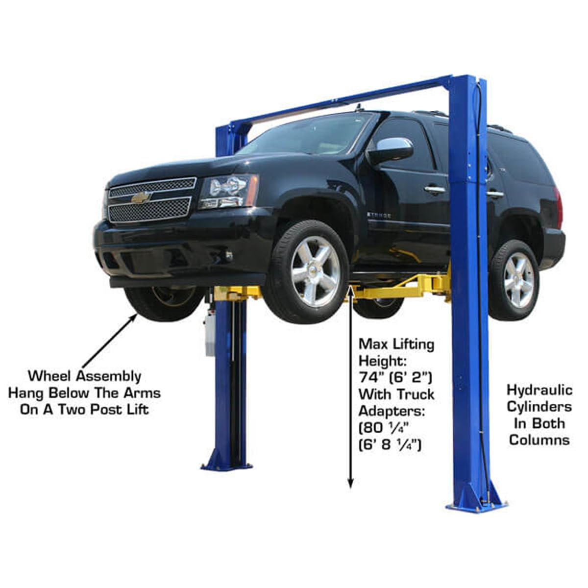 Atlas Automotive Equipment 9KOHX 2-Post Vehicle Lift, Overhead Hoist, 12' Minimum Ceiling Height, Clear Floor Design, 9,000lb Capacity, Dual-Point Lock Release, Dual Hydraulic Chain Drive Cylinders