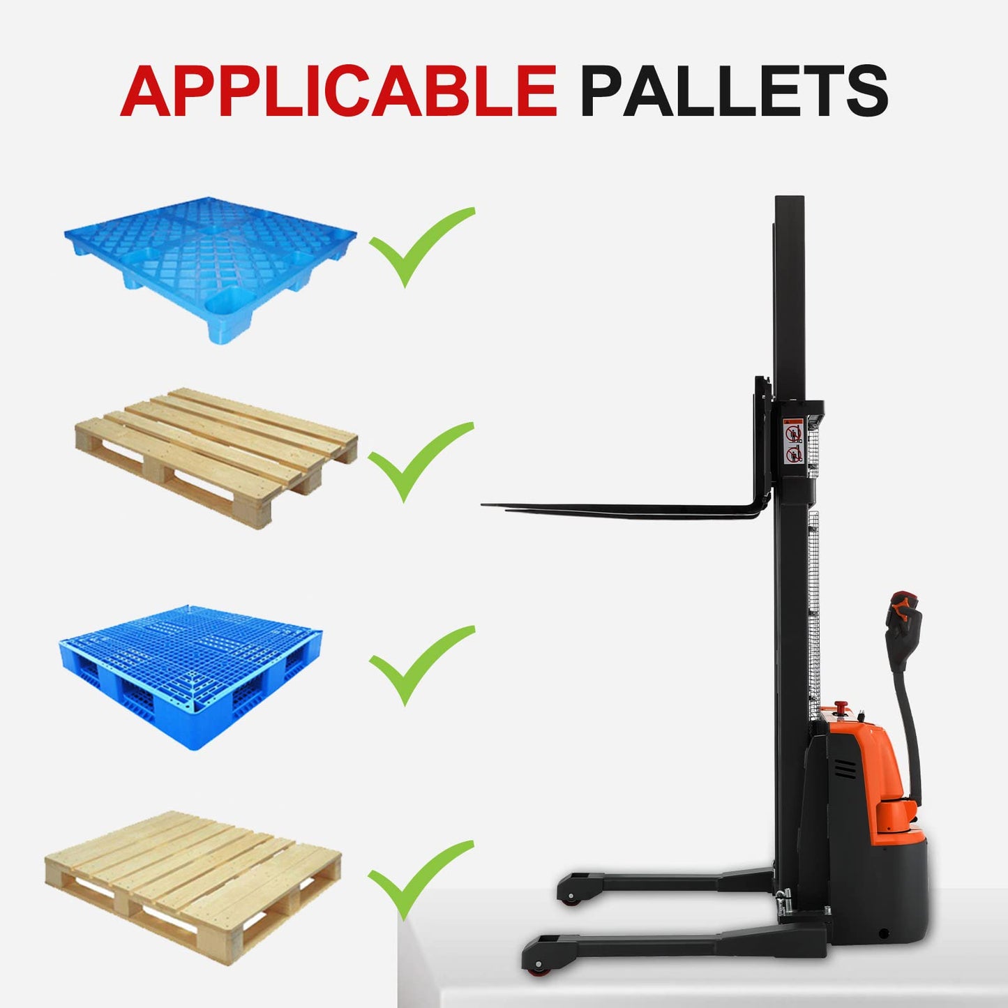 Tory Carrier Full Electric Pallet Stacker, Material Lift, 98” Lift Height 2640lbs Capacity Powered Walkie Forklift with Straddle Legs and Adjustable Forks, for Material Handling