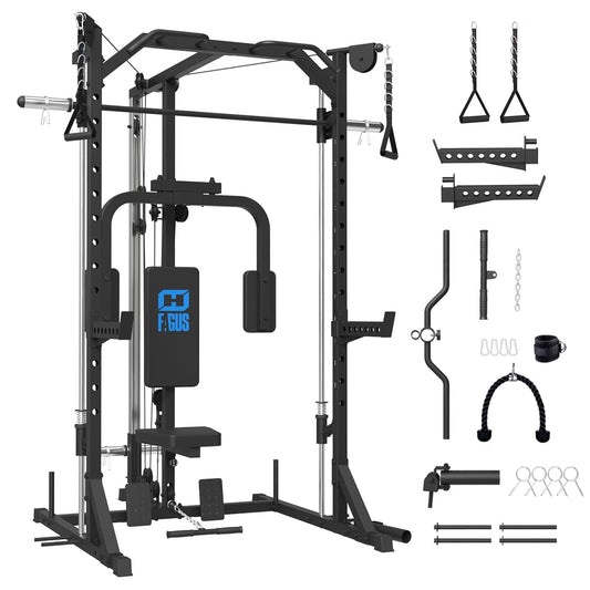 FAGUS Black Smith Machine Power Rack with Cable Crossover System & Chest Fly Station, 360° Landmine, T-Bar Row Handle, Tricep Rope, Ankle Strap, Safety Arms, Band Pegs and More Training Attachment