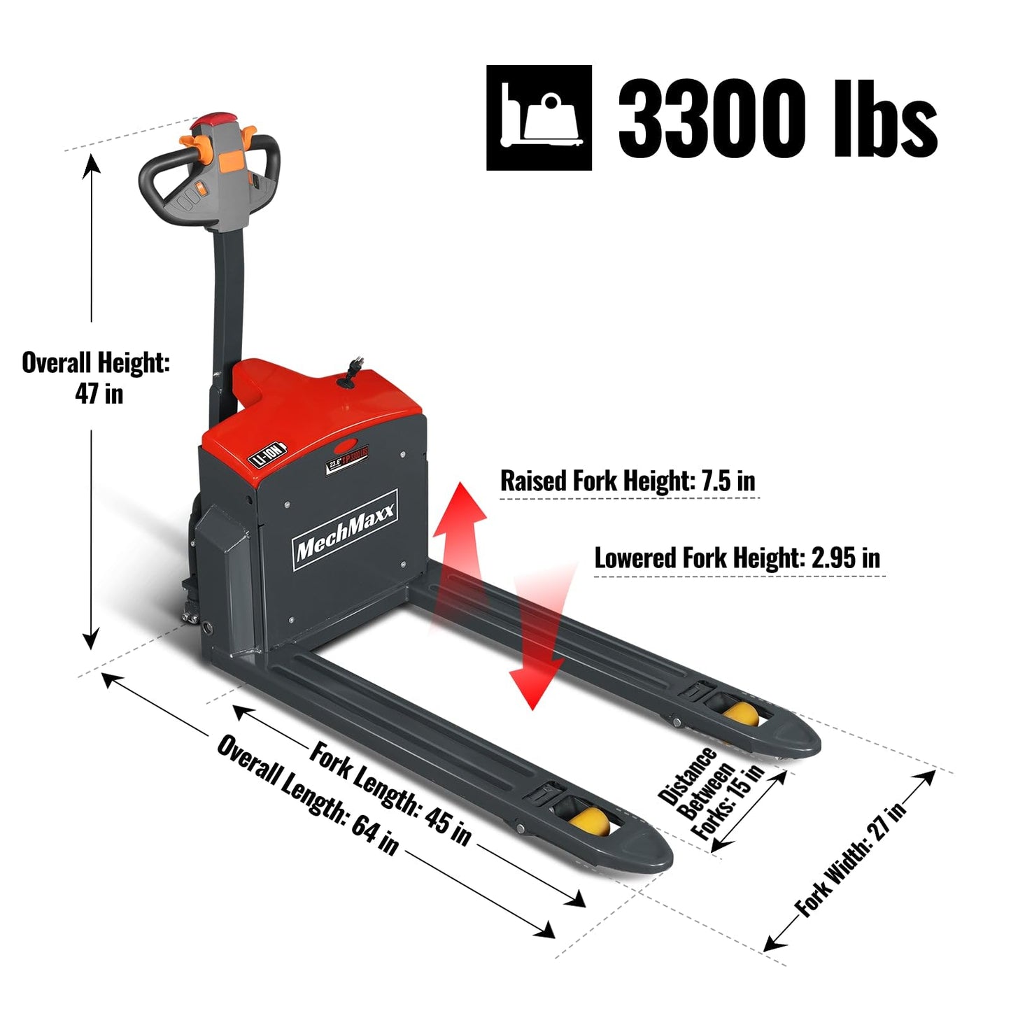 MechMaxx 3300lbs Lithium-ion Electric Pallet Jack, 45"x27" Fork, 24V 40Ah Battery, Walkie Type Truck, Model EPT33
