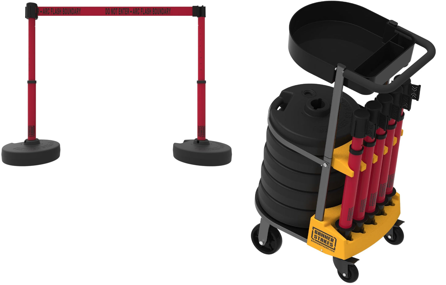 Banner Stakes Crowd Control Plus Cart Package & Accessory Tray, 75' Total Retractable Belt Barrier System - 5 Telescoping Stanchions w/ 15' Red "Do Not Enter - Arc Flash Boundary" Banners (PL4079T)