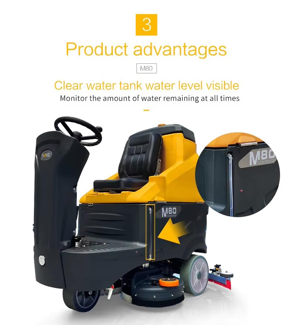 M80 Ride-On Floor Scrubber Machine, Complete Set of Parts, 5 Hours Continuous Working Time, 34.3 Gal Tanks, 59,200 Sqft/H Efficiency Commercial Floor Scrubber Machine