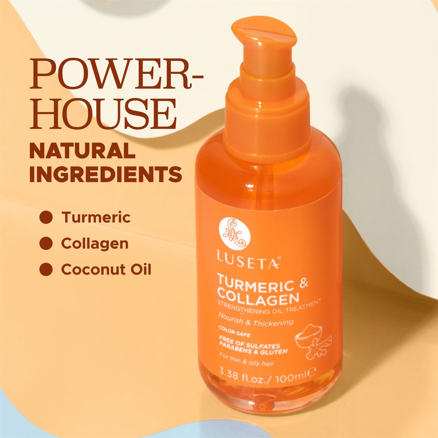 Luseta Turmeric & Collagen Hair Serum for Damaged and Thining Hair, Strengthening Oil Treatment Preventing breakage for Women and Men Adding Shine 3.38oz