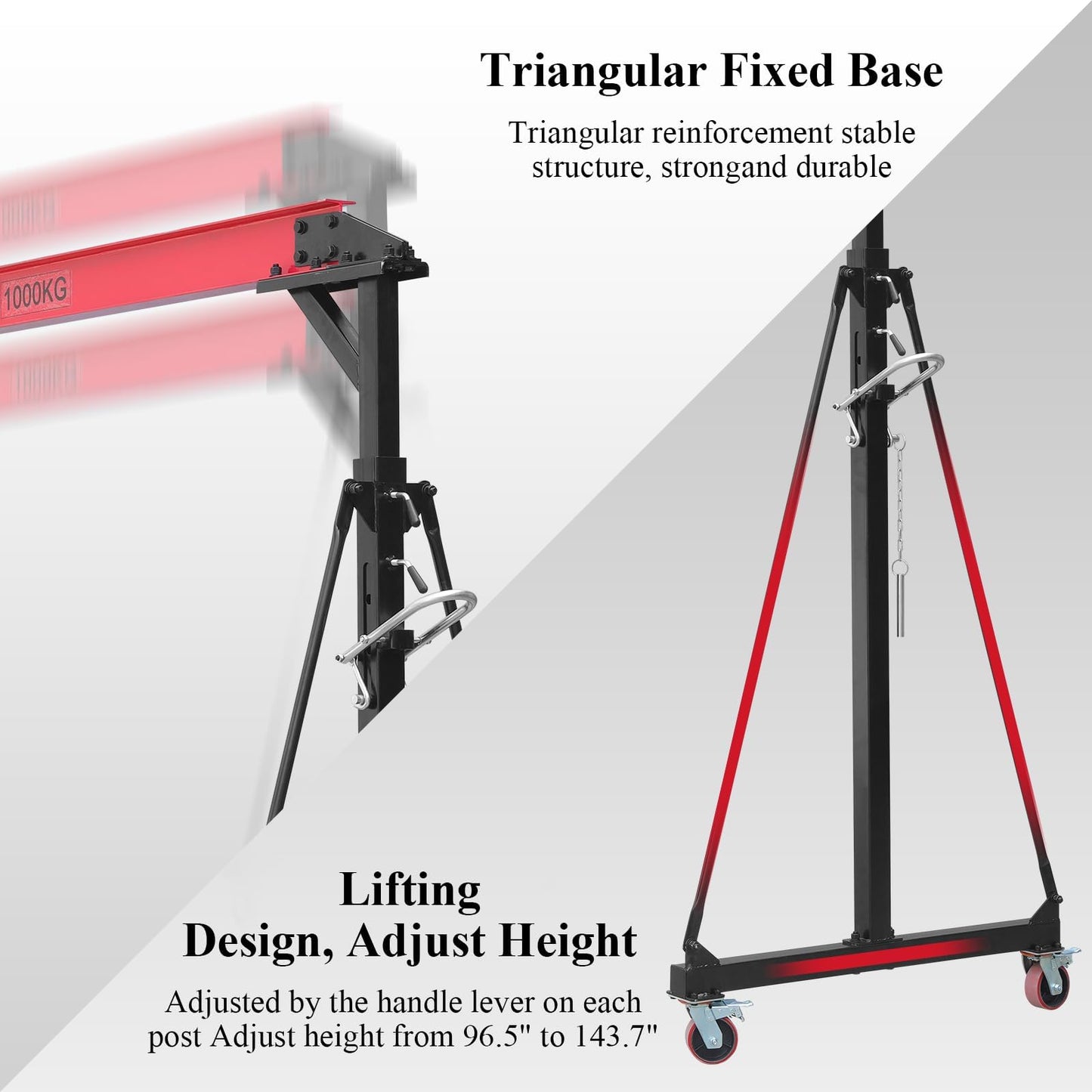 1-Ton Adjustable Gantry Crane, 2200 Lbs Capacity & 8.5ft Span, Heavy-Duty Steel Hoist with Locking Wheels for Warehouse, Workshop, Garage (7.5ft-12ft Adjustable Height)