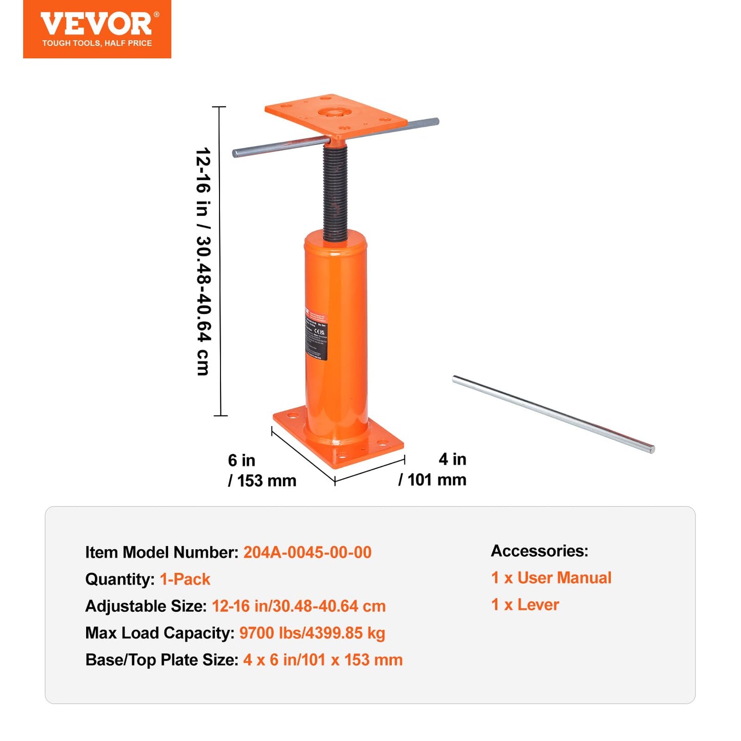 VEVOR House Floor Jack, 12"-16" Height Range, 9700 lbs Max Load Capacity, Adjustable Support Beam Basement Jack Post Pole for Leveling, Lift Support Steel Telescoping Jack Post for Temporary Support
