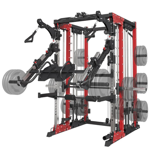 FAGUS H Red Commercial Smith Machine with Smith Bar, 4000LBS Power Cage Squat Rack with Lever Arm, Leg Press, LAT Pull Down System, Multi-Function Linear Bearing Cable Crossover Machine for Home Gym