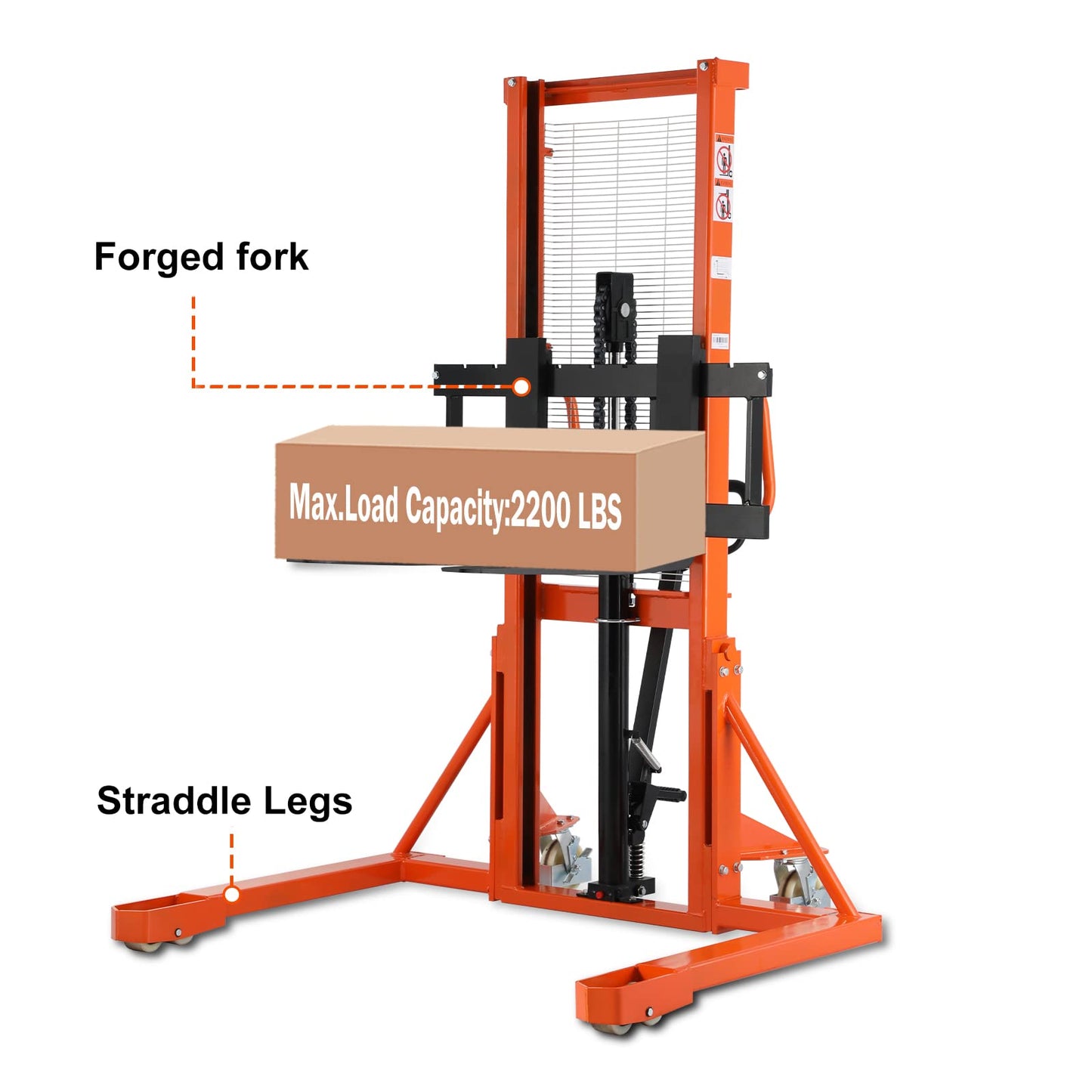 Tory Carrier Manual Pallet Stacker, Material Lift, 63” Lifting Height 2200lbs Capacity Hydraulic Forklift Truck with Straddle Legs and Adjustable Forks