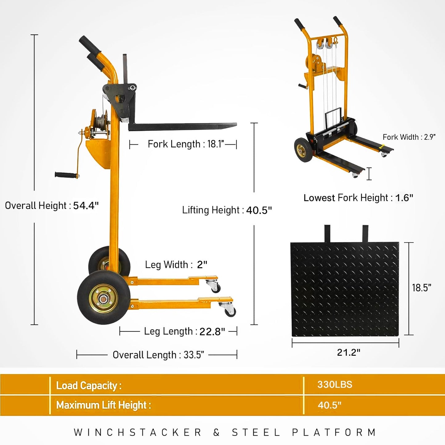 Material Lift Winch Stacker, 330 lbs Capacity Table Cart, 40.5" Lifting Height Manual Forklift Stacker, Pallet Jack Truck Dolly with Swivel Casters and Lift Plate (Yellow)