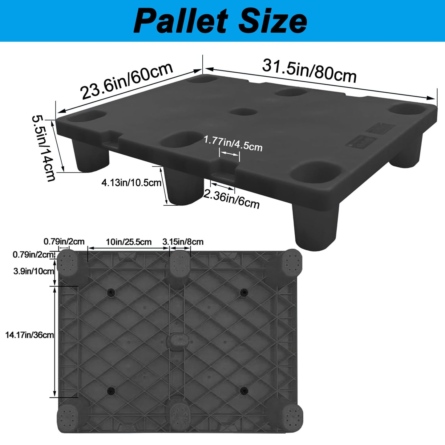 2 Pcs Heavy Duty Plastic Pallets, 31.5"x23.6"x5.5" Industrial Storage Platform, Dynamic Load 1102 lbs/Static Load 1764 lbs, Warehouse Stacking Pallets for Logistics and Warehousing (Black)
