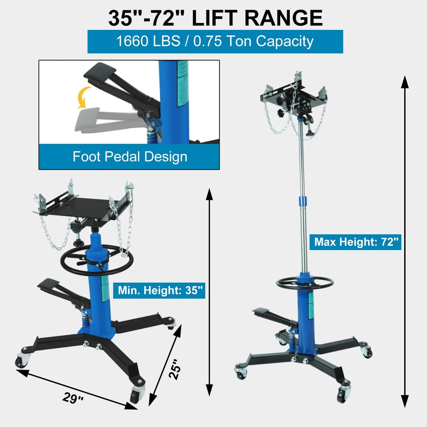 BLACKHORSE-RACING Transmission Jack, 1660lbs / 0.75 Ton 2 Stage Hydraulic Telescopic Jack with Foot Pedal, 35" - 72" Adjustable Height Lift Hoist Heavy Duty