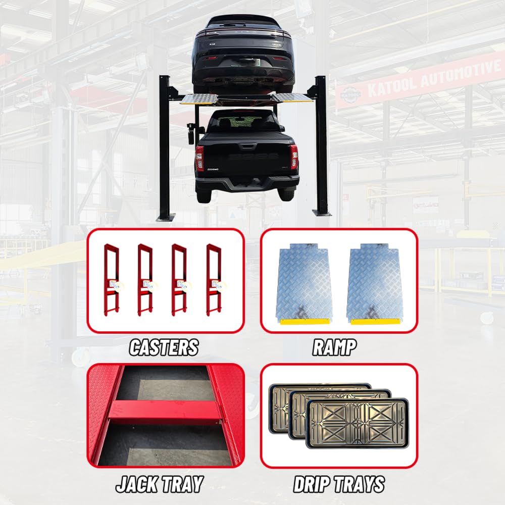 AUTOKATO KT-4H950 110V 3.0HP Four Post Lift Car Truck Parking Hoist Aluminum Plate with Casters and 9500Lbs Lifting Capacity，Max Lifting Height 84.5 Inch Extra Wide 113 Inch