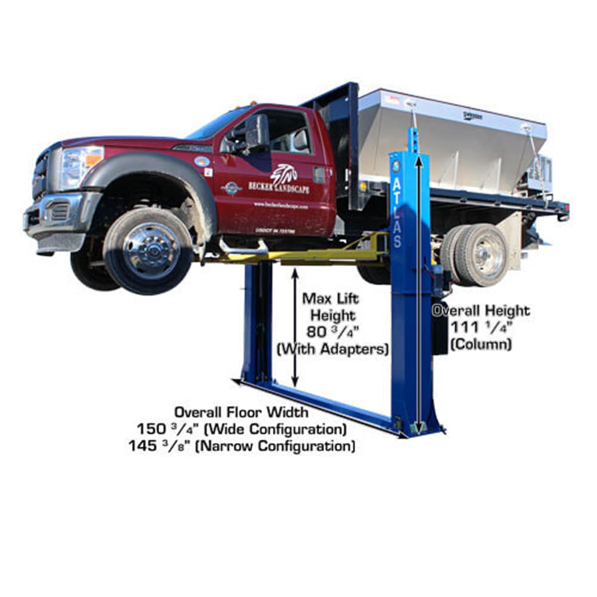 Atlas Automotive Equipment BP12000X 2-Post Commercial Grade Vehicle Lift, Baseplate, Open-top Style, 10’4” Minimum Ceiling Height, 12,000lb Capacity, 3-Stage Symmetric Arms, For Low Ceiling Garage Use