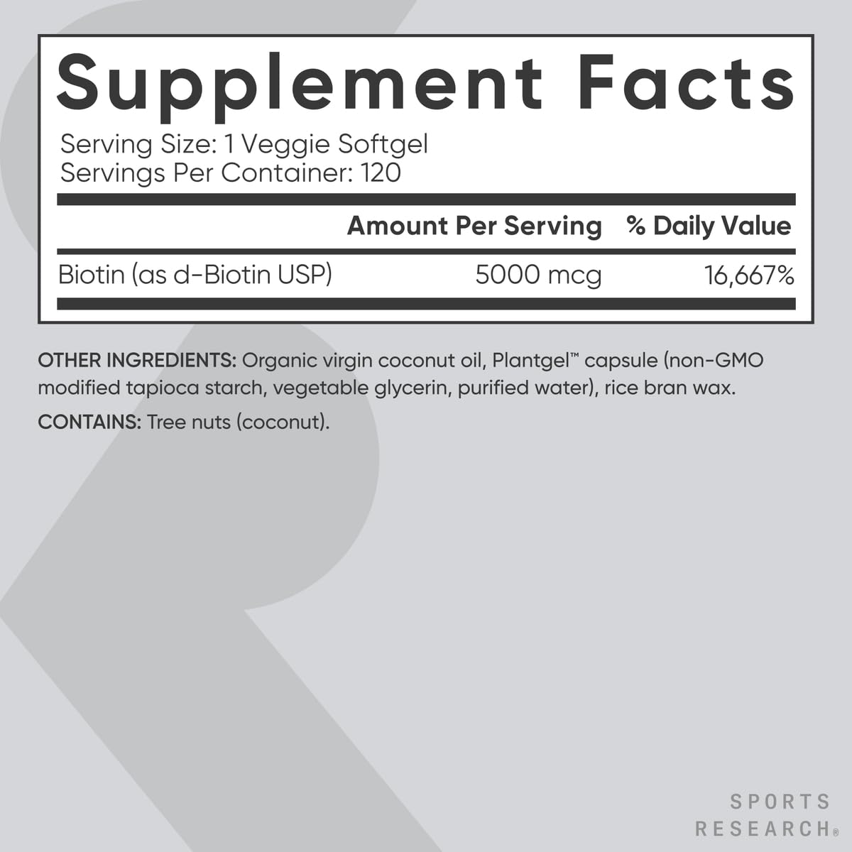 Sports Research® Biotin 5,000mcg with Organic Coconut Oil - Biotin (Vitamin B7) for Healthy Skin and Hair Support* - for Women and Men - Vegan, Non-GMO, Gluten & Soy-Free - 120 Veggie Softgels