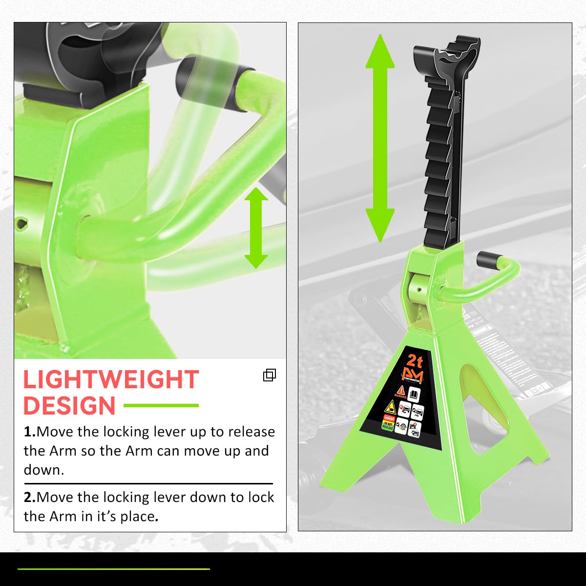PM PERFORMOTOR Low Profile Hydraulic Trolley Service/Floor Jack Combo with 2 Ratchet Jack Stands, 2 Ton (4000 lbs) Capacity, Green,PM-TOL-FJ3P-GR