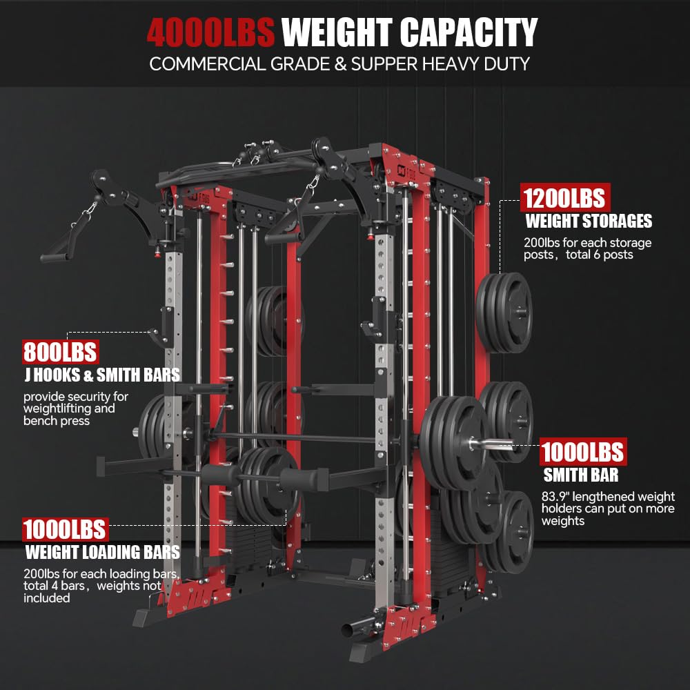 FAGUS H Commercial Smithe Machine with Preacher Curl Weight Bench Combo,4000LBS Power Cage Squat Rack with 308lb Dual Weight Stacks, Multi-Functional Cable Crossover Machine with Lever Arm, Red