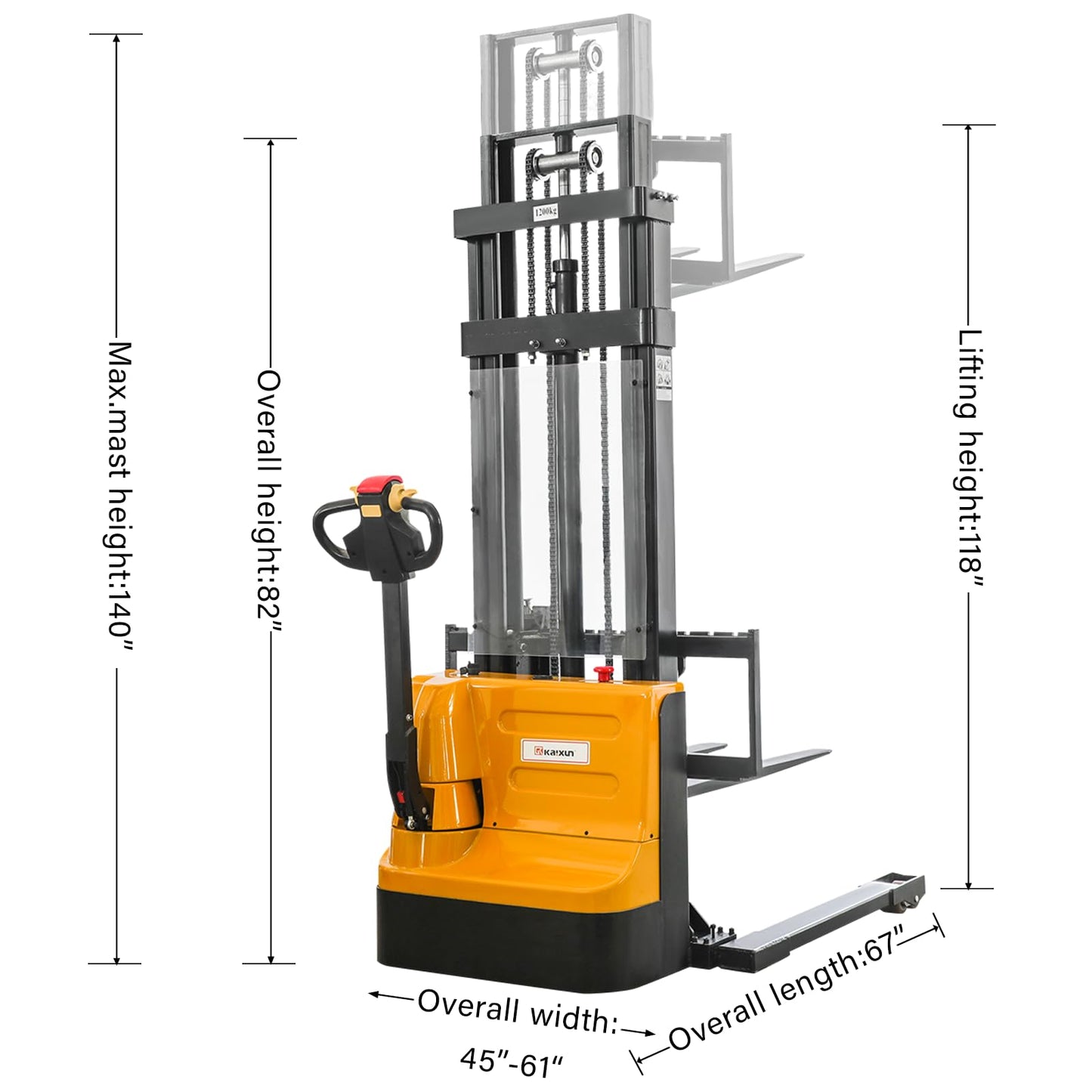 KAIXUN Full Powered Electric Walkie Stacker with Adjustable Straddle Legs – Material Handling Lift Truck 2200lbs Capacity 118'' Lifting Heights