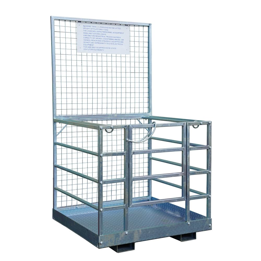 48" x 45" 2-Person Forklift Safety Lift Platform Cage – Heavy Duty Steel Work Basket with Mesh Safety Screen, Toe Boards, Self-Closing Door, Handrails & Fork Pocket Locks, Flatpack or Assembled