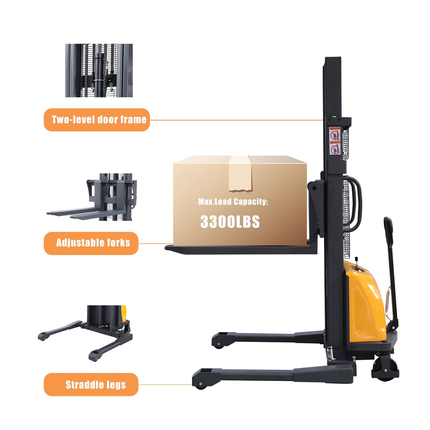 APOLLO Semi-Electric Pallet Stacker, 3300 lbs Capacity, 118" Lifting Height Material Lift, Forklift with Straddle Legs and Forks
