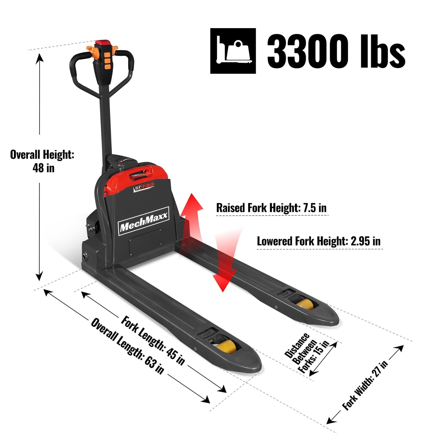 MechMaxx 3300lbs Lithium-ion Electric Pallet Jack with 5 Wheels, 45"x27" Fork, 24V 40Ah Removable Battery, Walkie Type Truck, Model LPT33