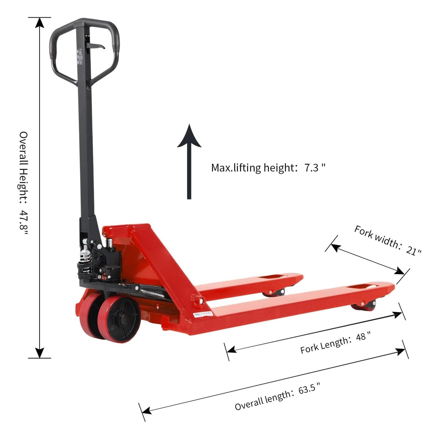 Tory Carrier Pallet Jack Hand Truck Manual Pallet Jacks 5500-Lb. Capacity 21W x 48L Forks Standard Duty, Rubber Handle, Nylon Wheels