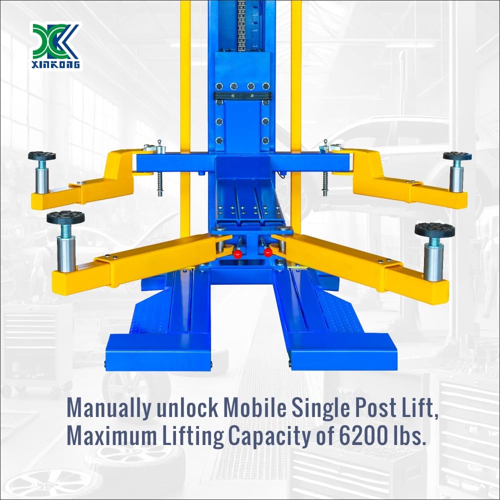 XK-6200-M Mobile Single Post Manually Unlock Lift Maximum Lifting Capacity of 6200 lbs with 12 Months Parts Replacement