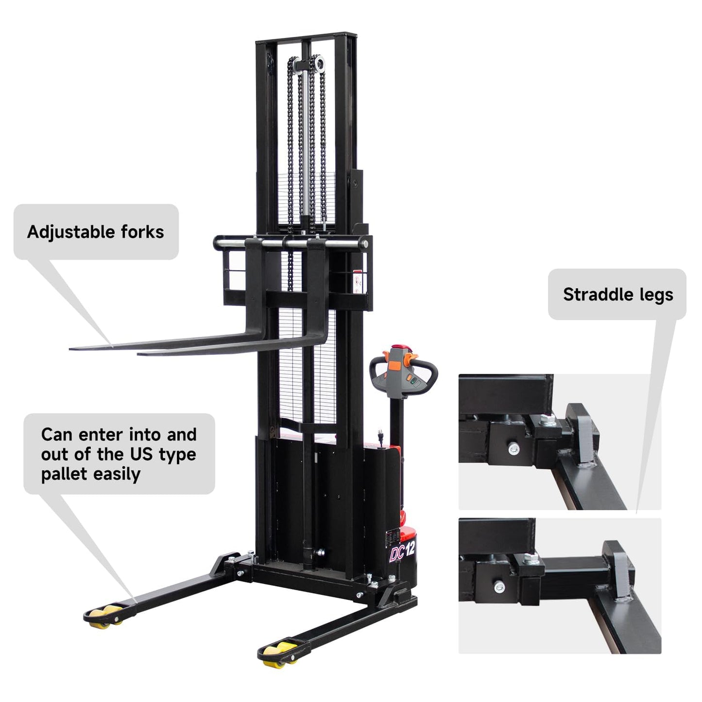 Fworkleft Full Electric Pallet Stacker, 2640 lbs Capacity, Lithium Battery Powered Walkie Stacker with 118" Lift Height, Straddle Legs & Adjustable Forks for Warehouse