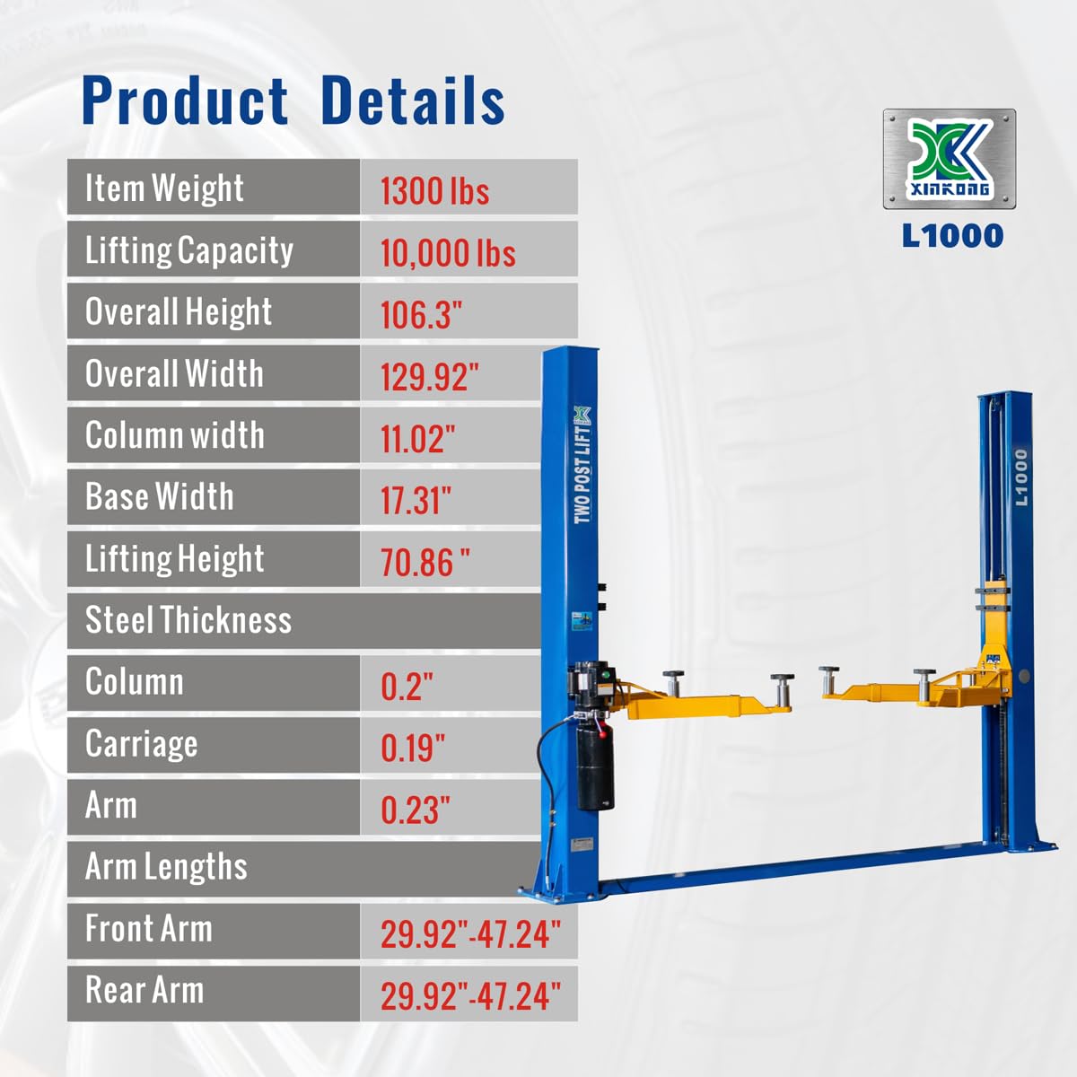 XK-L1000 Auto Truck Hoist 110V Vehicle Lift 10,000 Lbs 2 Post Car Lift 12 Months Parts Replacement