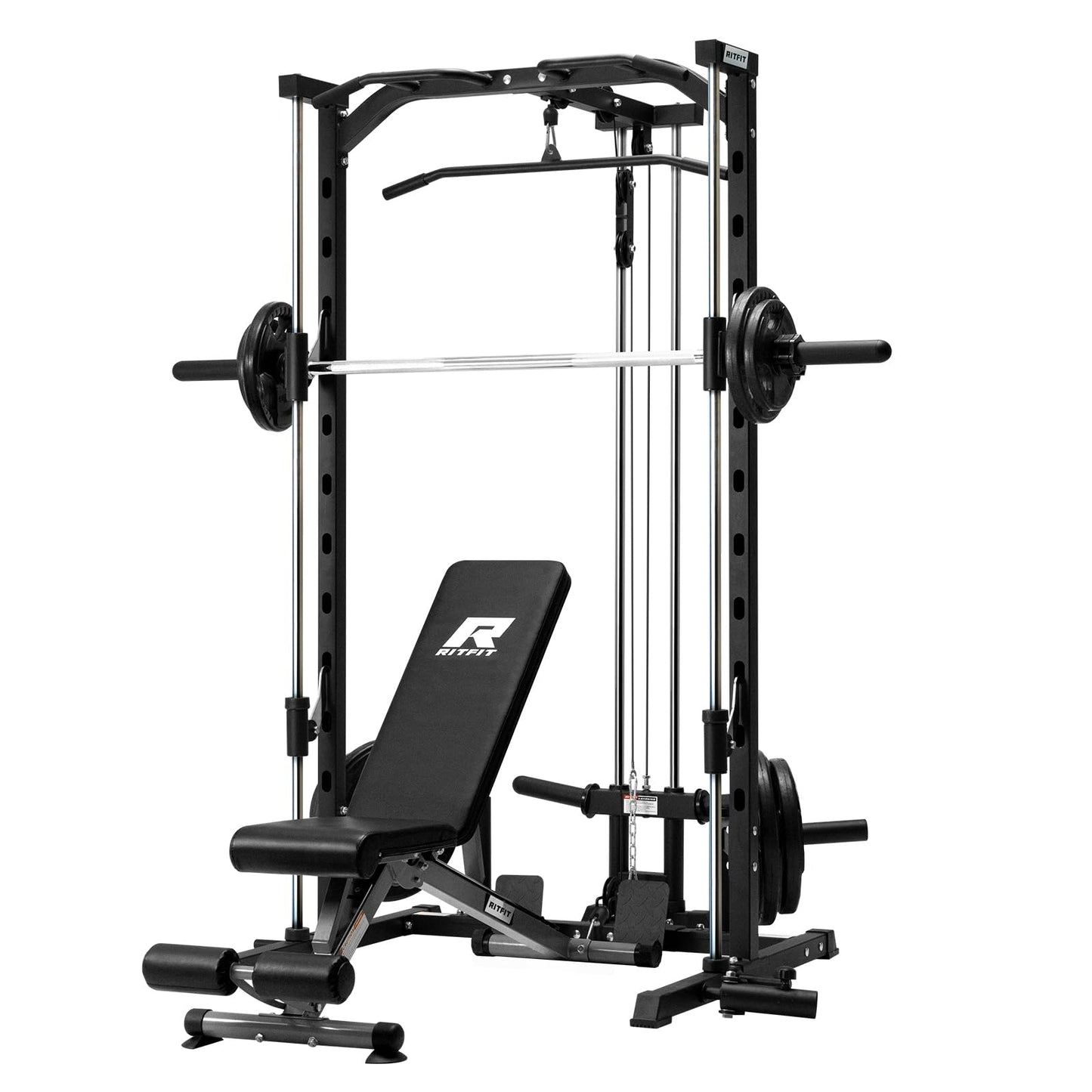 RitFit Smith Machine Power Rack with LAT-Pull Down System, Landmine, Barbell Bar, Plate Storage Pegs and More Training Attachment, 1000 LBS Multifunction Squat Rack for Home Gym