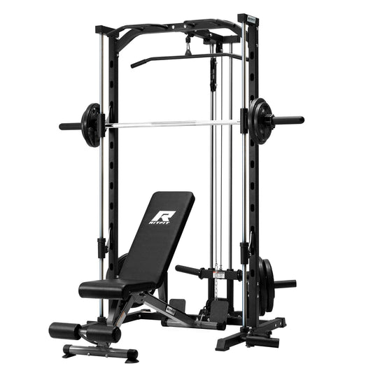 RitFit Smith Machine Power Rack with LAT-Pull Down System, Landmine, Barbell Bar, Plate Storage Pegs and More Training Attachment, 1000 LBS Multifunction Squat Rack for Home Gym