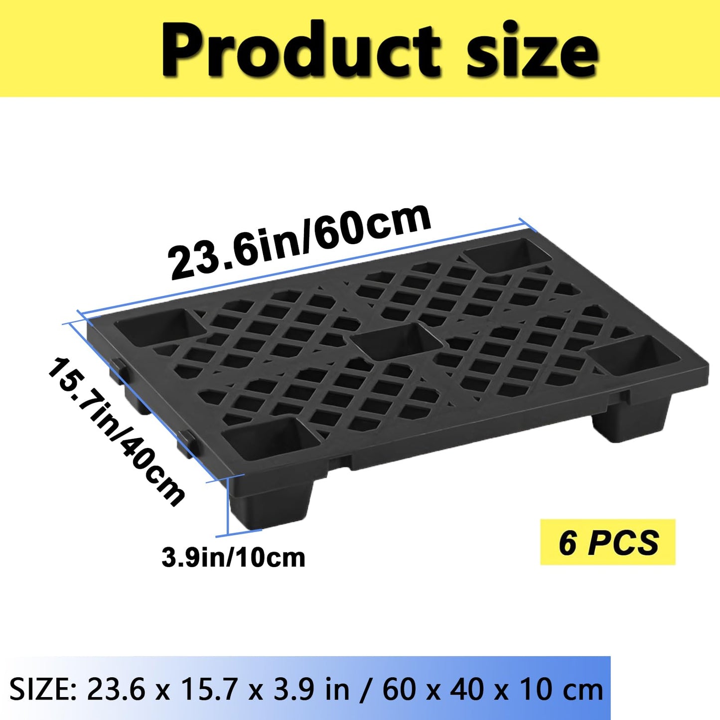 Jeracino Plastic Pallet, Plastic Storage Pallet With Interlocking Design, Plastic Floor Pallet, 23.6 x 15.7 x 3.9" 6-Pack, Plastic Pallet Platform With Waterproof Grids, Plastic Shipping Pallet, Black