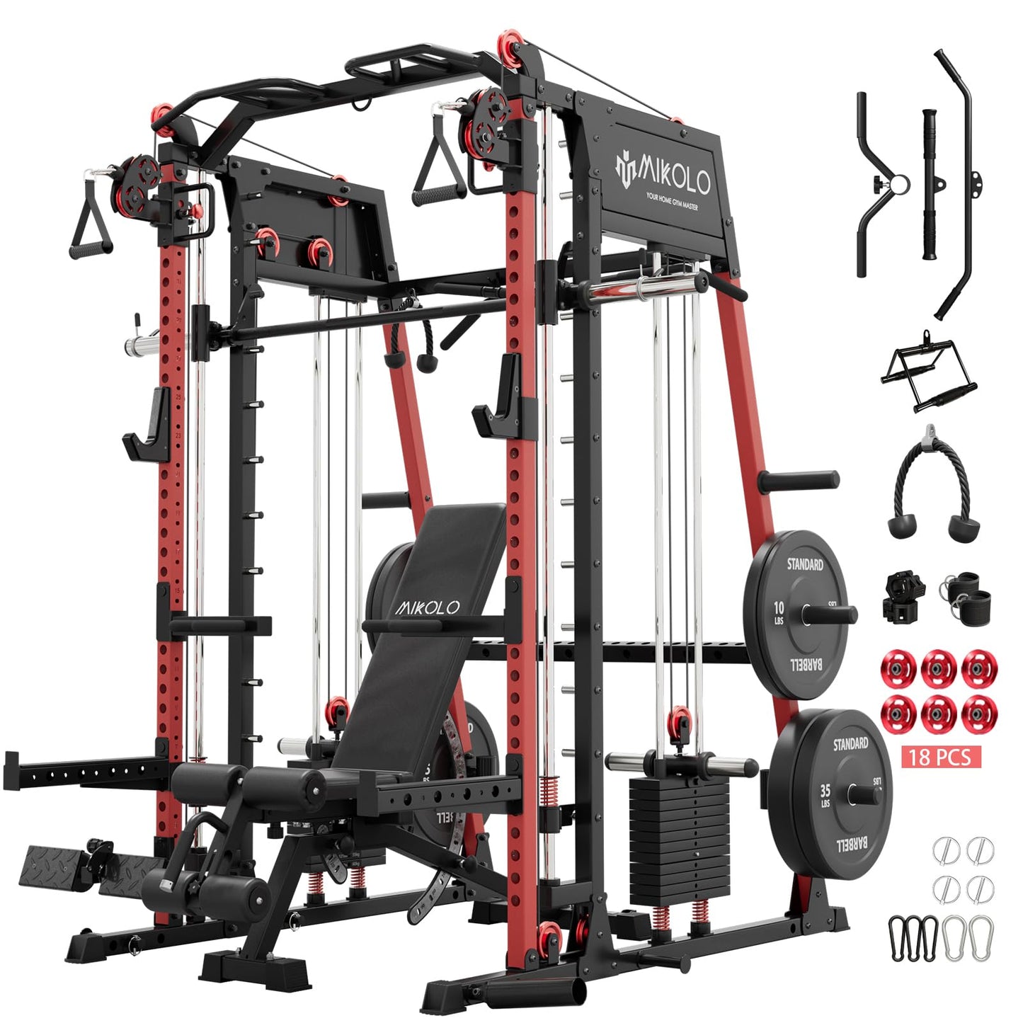 Mikolo M4 2.0 Elite Smith Machine with Weight Stack, All-in-One Home Gym Power Cage with LAT Pulldown & Cable Crossover, Squat Rack for Full Body Workouts (Red with 230LB Black Weights Package)