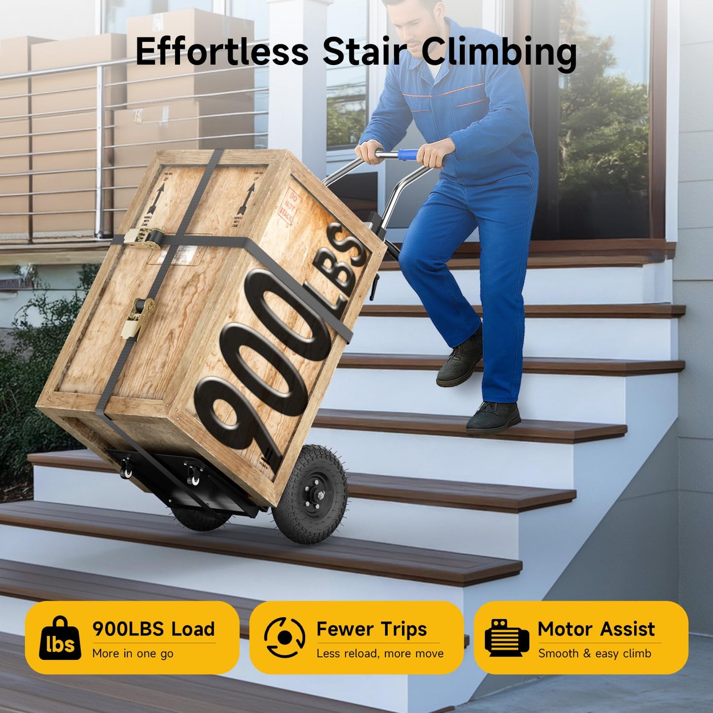 Electric Stair Climbing Dolly, 900lbs Capacity Electric Hand Trucks 1300W Heavy Duty Stair Climber with 4M Safety Rope for Furniture Logistics Warehouse