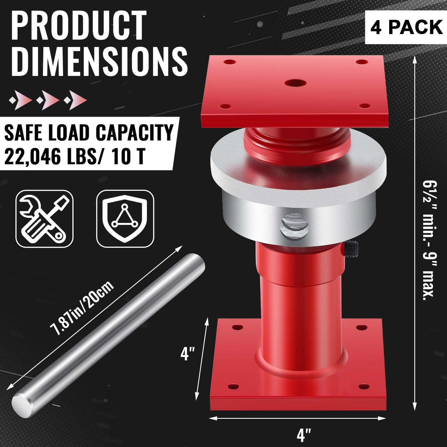 Lanties Adjustable Screw Jack Post for House Leveling, Manufacturing House Jacks with Wrench Screw Steel Shores, Range of Adjustment(6.5''-9'',Red,4 Pcs)