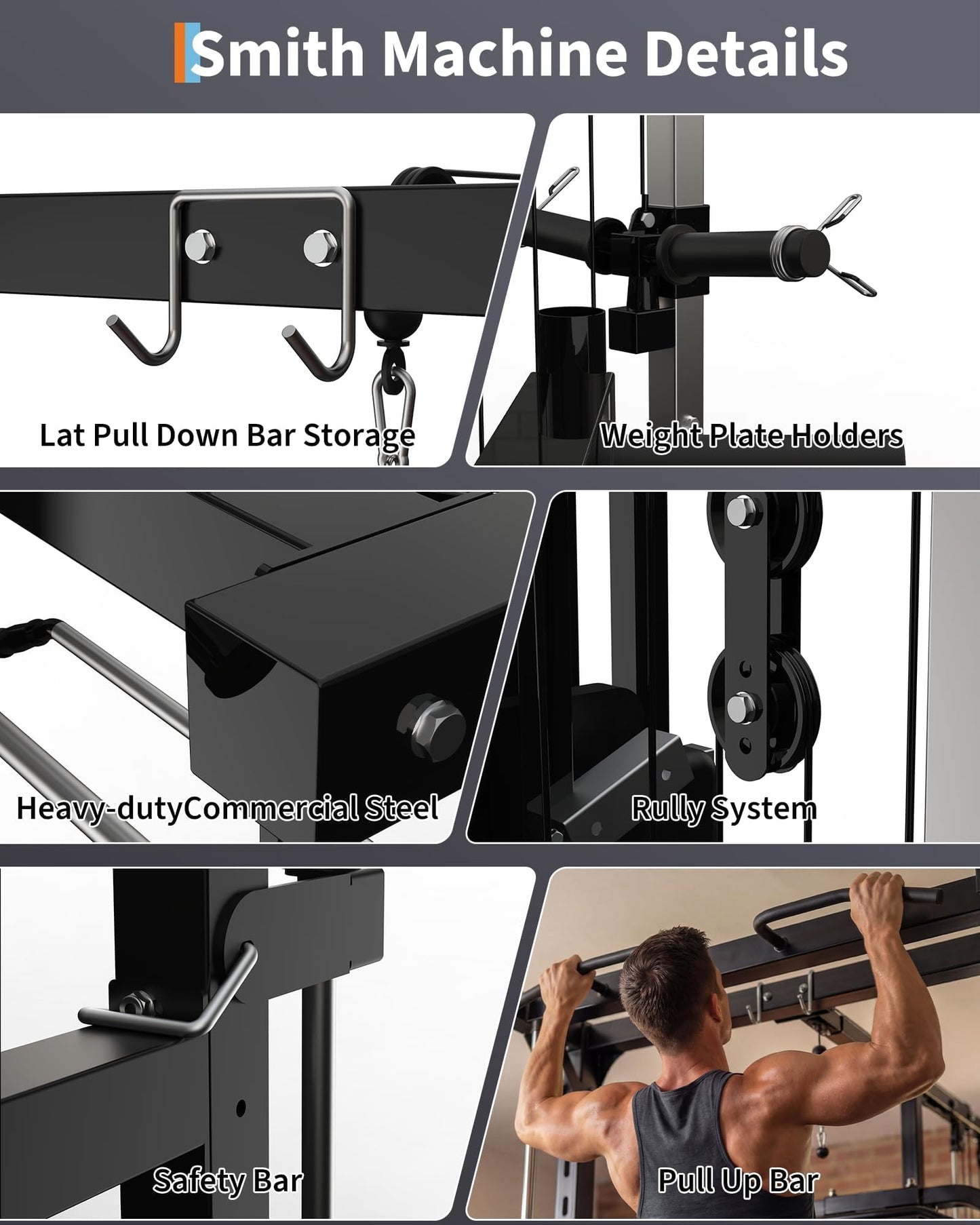 Multi-Functional Smith Machine Power Cage Squat Rack – Heavy Duty Home Gym Equipment – Includes LAT Pulldown, Low Row, Pull-Ups & Bench Press