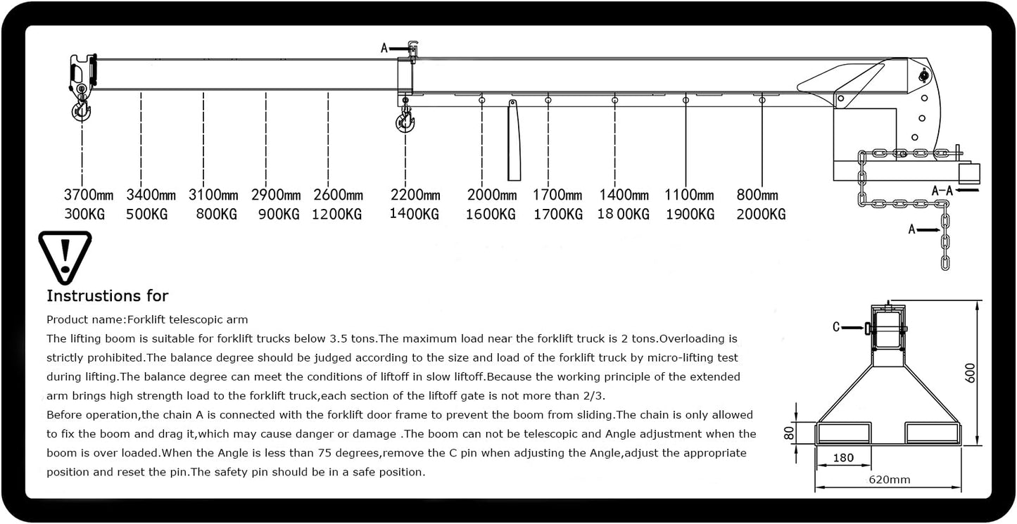 BREVELTION 2T Forklift Telescopic Boom Crane Jib, 4400lbs Capacity Mobile Crane Extendable Lifting Hoist Arm 7ft-12ft, 0-75° Adjustable Tilt Angle Attachments with Safety Hook for Towing Construction
