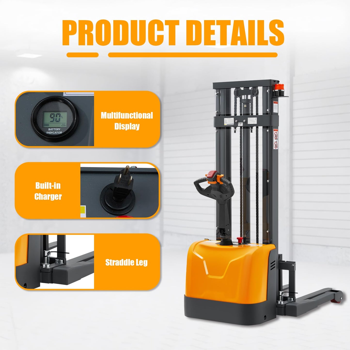 APOLLOLIFT Full Electric Stacker, 3300 lbs Capacity 118" Lift Height Powered Walkie Forklift Stackers with Straddle Legs, Power Drive and Lift Material Lift with Adjustable Forks