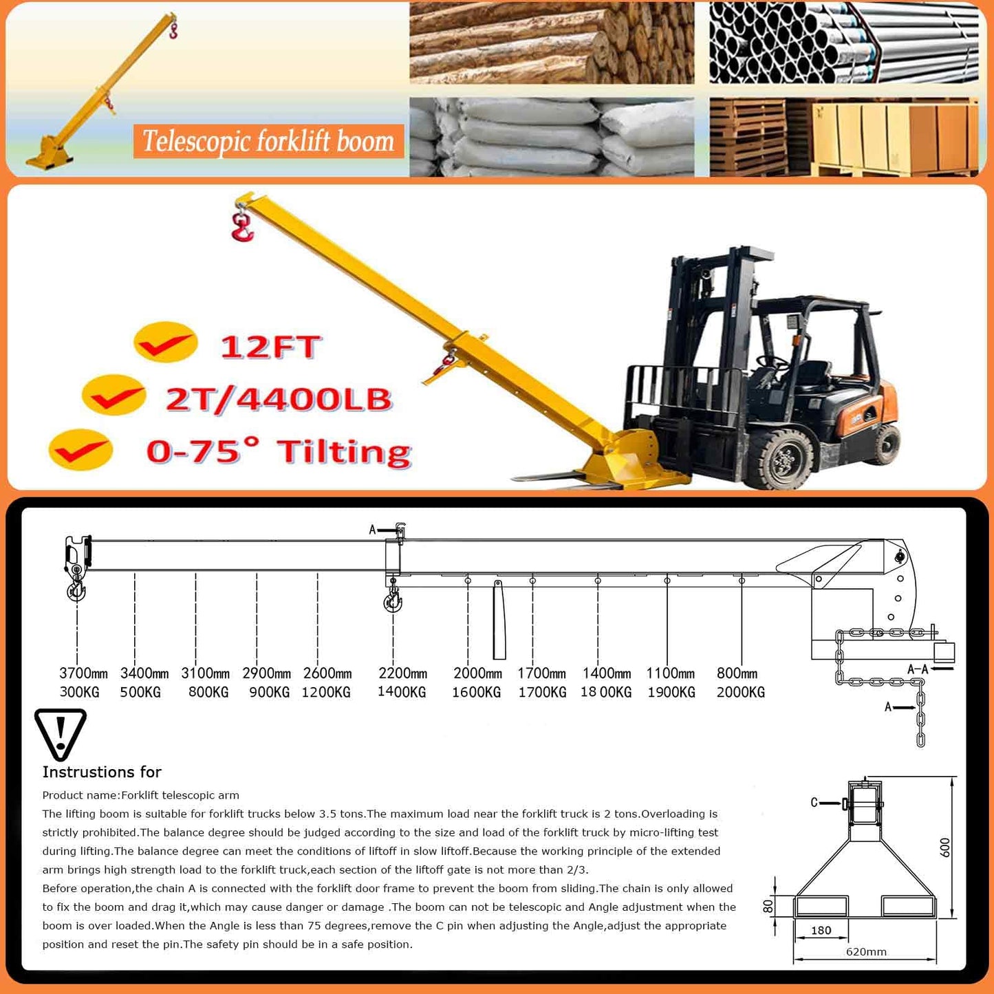BEILOCKERY 2T/4400LBS Forklift Telescopic Arm with Adjustable Tilt Angle 0-75°, 7-12FT Mobile Crane Lifting Hoist Truss Jib Boom with Hook, Multi-Functional Accessories for Forklifts Cranes