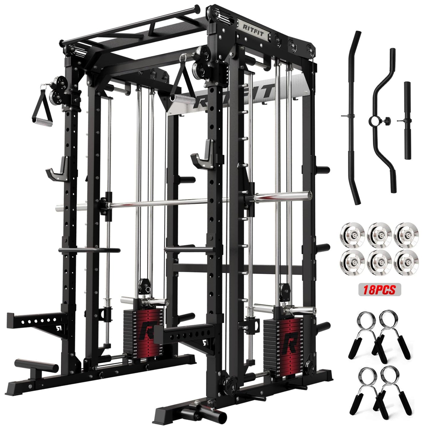 RitFit M2 Smith Machine with with Cable Crossover System, 3D Functional Trainer & Power Cage, 16 Adjustment Holes, 6 Storage Pegs for Full-Body Home Gym(M2 PRO-3D Black)