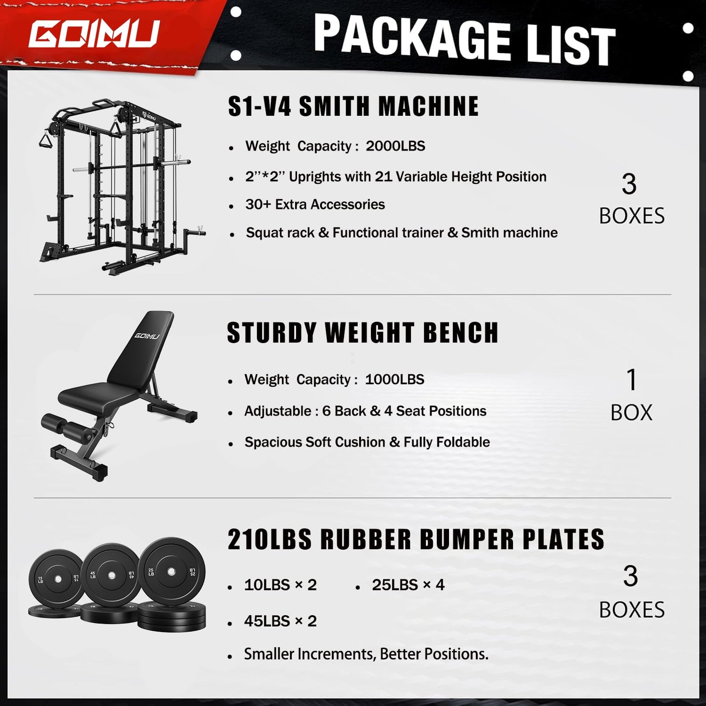 Goimu S1-V4 Smith Machine, 2000LBS Power Cage with Cable Crossover System, All-in-One Squat Rack with Smith Bar, Strength Training Equipment for Hone Gym (Black Smith Machine wiht 210lb Weights)