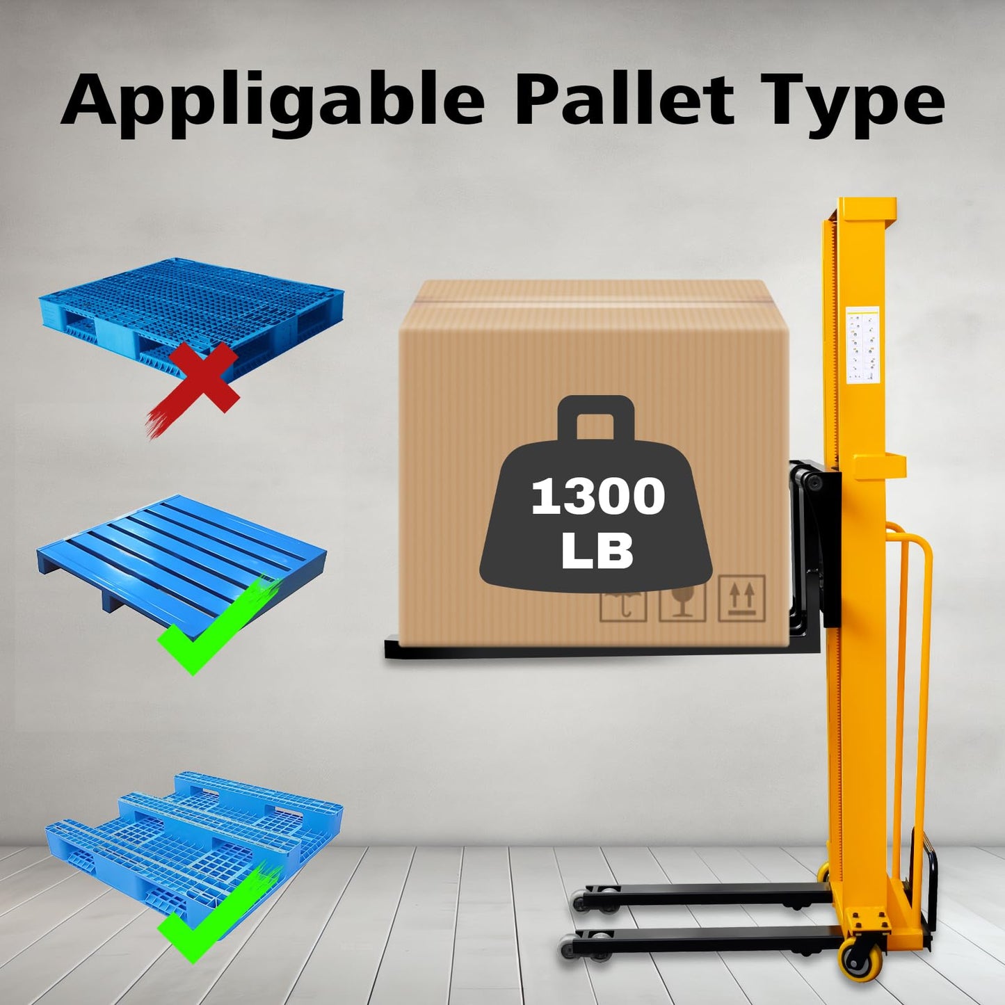 Electric Pallet Stacker Electric Forklift Capable of Boarding Trucks Pallet Lift 1300lbs Capacity 63" Lifting Height Material Lift with Fixed Legs (Width Adjustable, 63" Lifting)